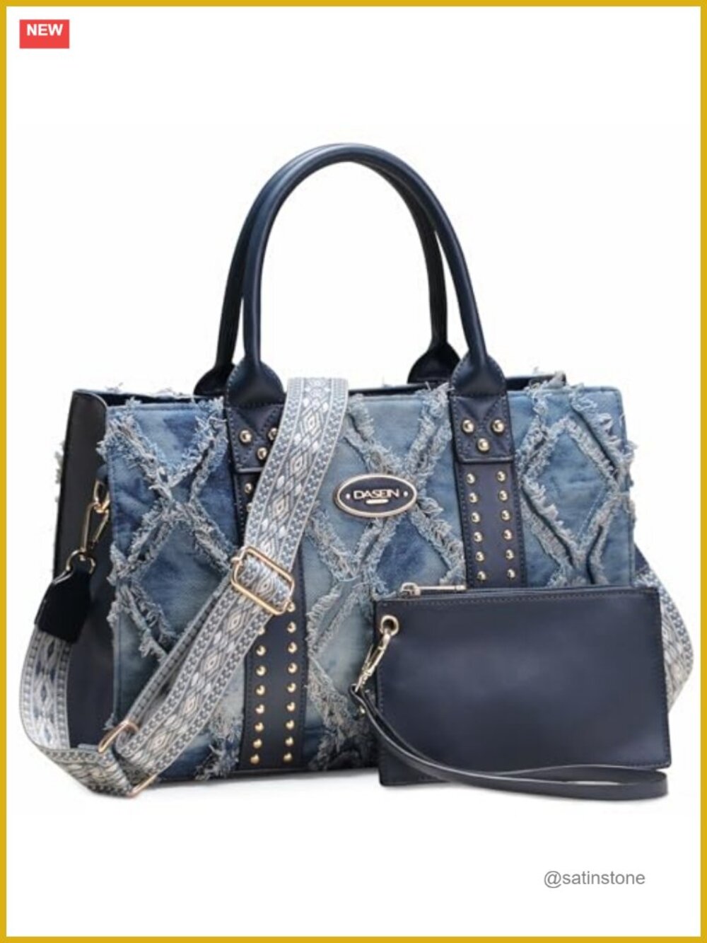 Vegan Leather Tote Satchel Wallet Set Studded 3 Piece